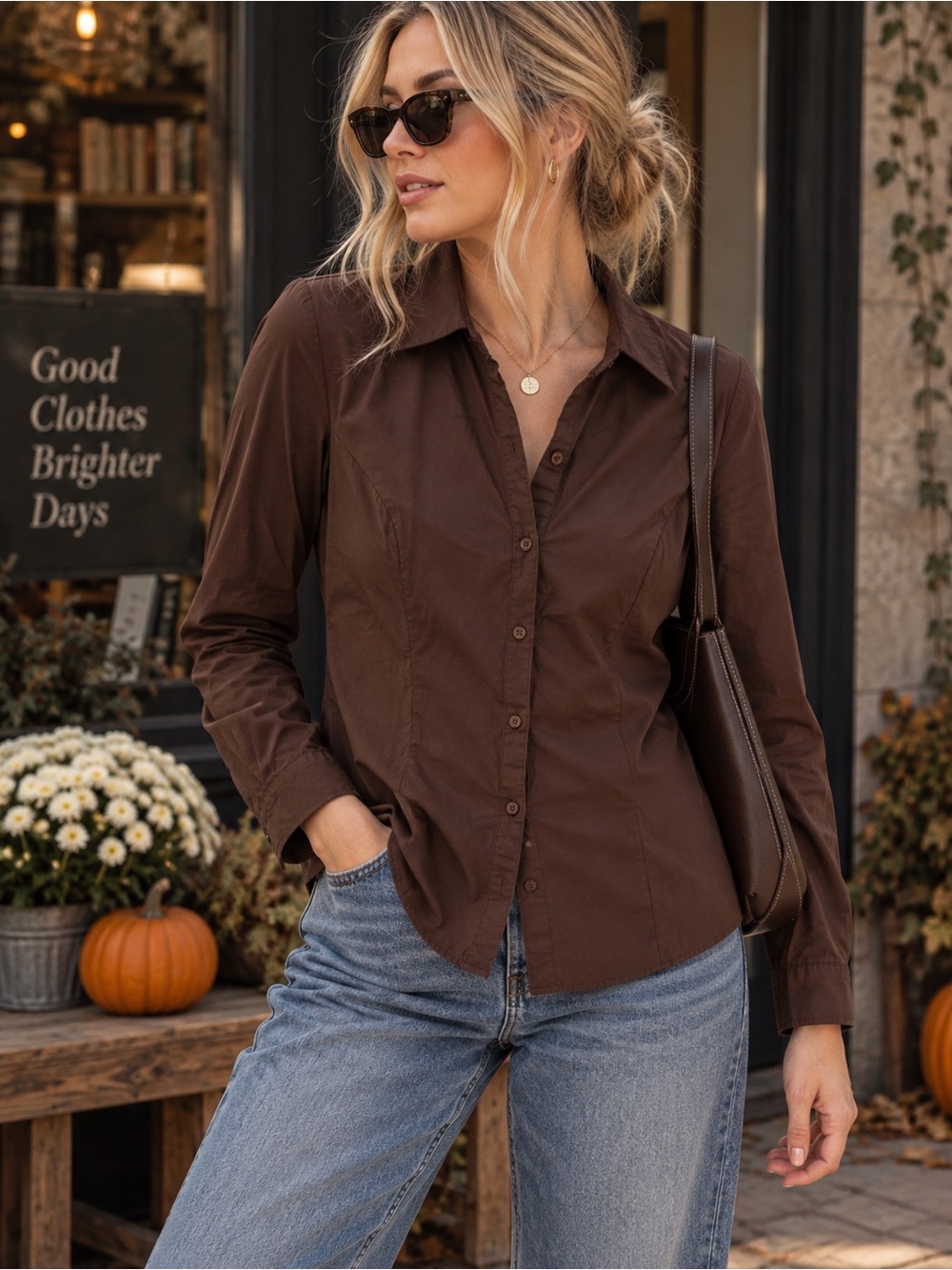 Cleo Chocolate Brown Stretch Cotton Fitted Button Up Shirt Medium